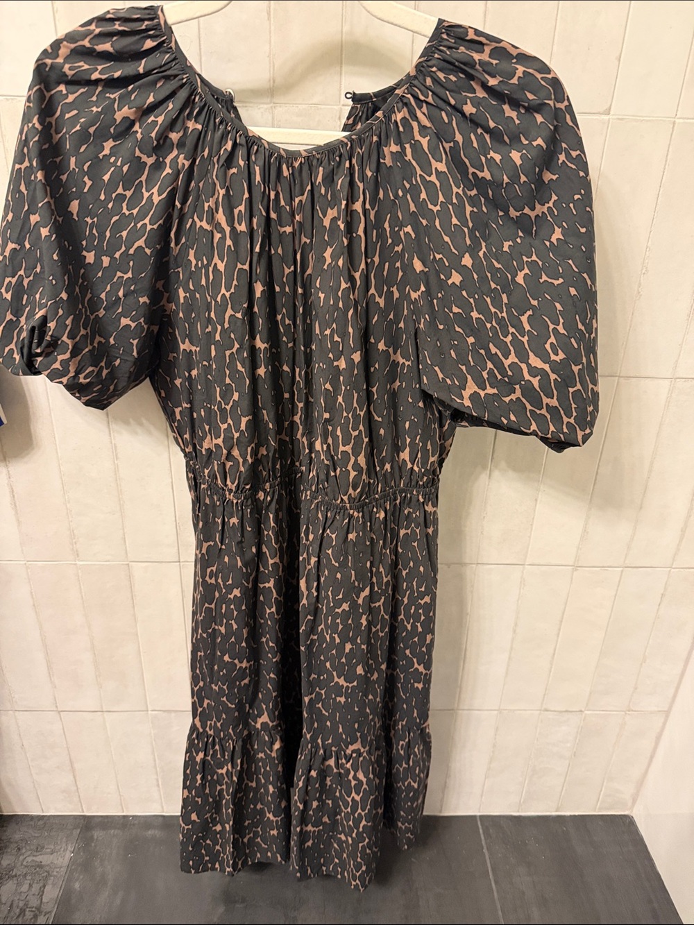 Rails Black and Tan Printed Midi Dress with Puff Sleeves